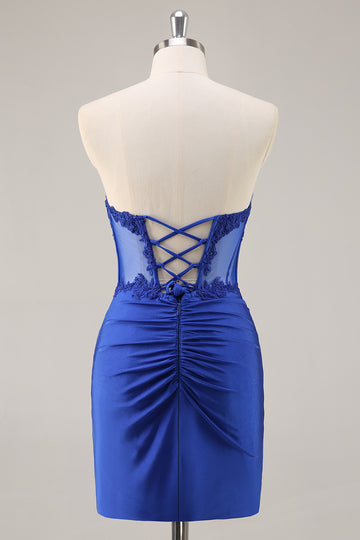 Royal Blue Bodycon Strapless Corset Beaded Short Homecoming Dress
